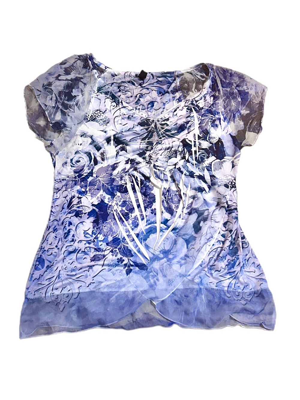 Floral Mesh Detail Beaded Short Sleeve Women's Top Whimsigoth fairy Elegant - Picture 1 of 7